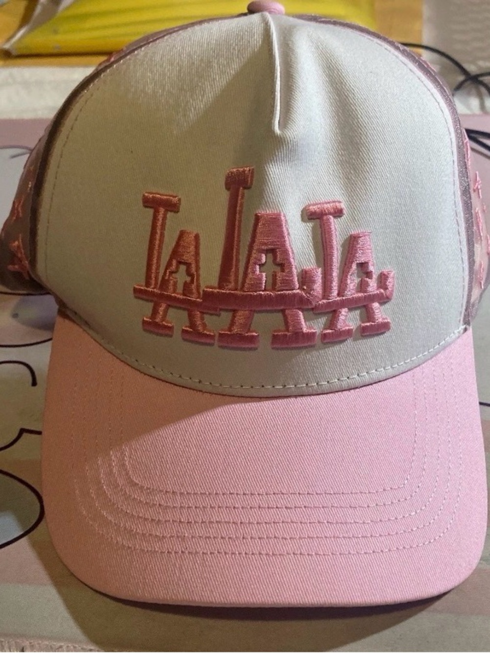 RUDE Pink and White LA Embroidered Trucker Hat